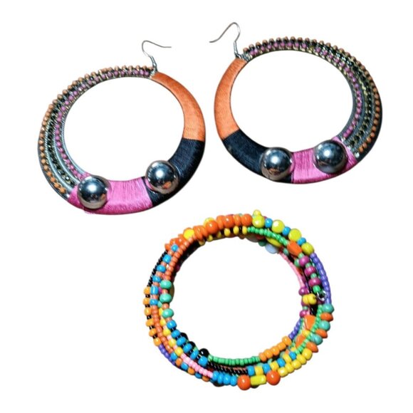 Mod Hippie Boho Beaded Bracelet and Giant Colorful Rhinestone Earrings Costume - Picture 7 of 8
